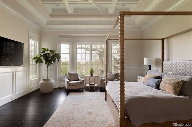 5470 S Highline Cir, Greenwood Village, CO 80121 - bedroom featuring hardwood / wood-style floors, beam ceiling, a decorative wall, ornamental molding, and coffered ceiling