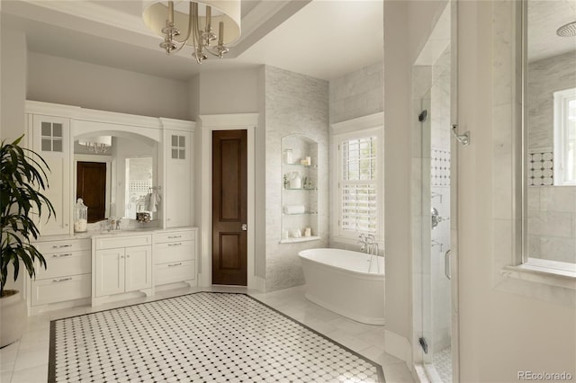 5470 S Highline Cir, Greenwood Village, CO 80121 - bathroom featuring a stall shower, vanity, a freestanding tub, a chandelier, and tile patterned flooring