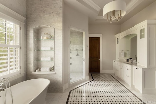 5470 S Highline Cir, Greenwood Village, CO 80121 - full bath featuring a shower stall, a freestanding bath, vanity, a chandelier, and crown molding