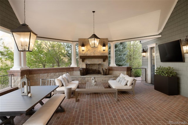 5470 S Highline Cir, Greenwood Village, CO 80121 - view of patio featuring an outdoor living space with a fireplace