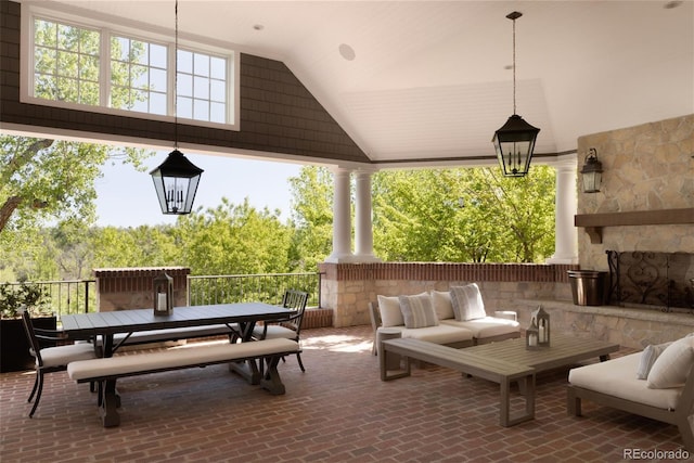 5470 S Highline Cir, Greenwood Village, CO 80121 - view of patio / terrace featuring outdoor dining area and an outdoor living space with a fireplace