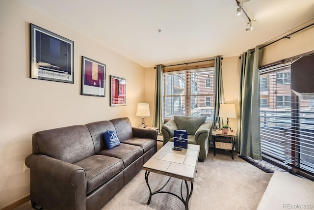 carpeted living room with rail lighting and a healthy amount of sunlight