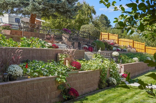 view of yard with a garden and a fenced backyard