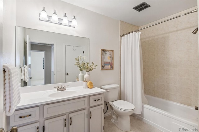 full bathroom featuring visible vents, toilet, shower / tub combo, tile patterned floors, and vanity