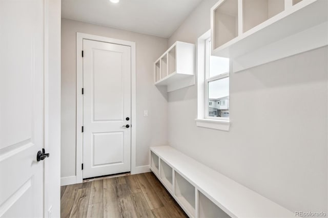 mudroom featuring baseboards and wood finished floors