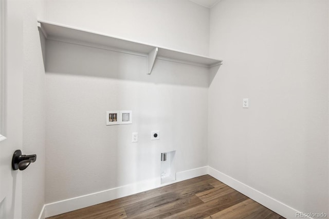 laundry room with laundry area, baseboards, dark wood-style floors, hookup for an electric dryer, and washer hookup