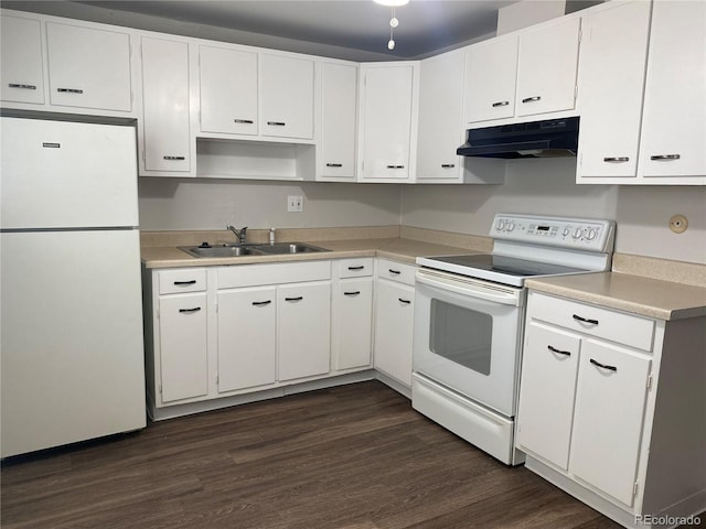 3760 Owens St, Wheat Ridge, CO 80033 - kitchen featuring white appliances, a sink, under cabinet range hood, and white cabinetry