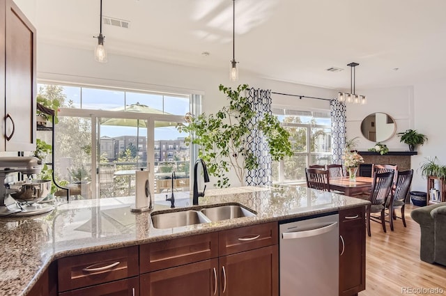 kitchen featuring visible vents, a healthy amount of sunlight, stainless steel dishwasher, and a sink