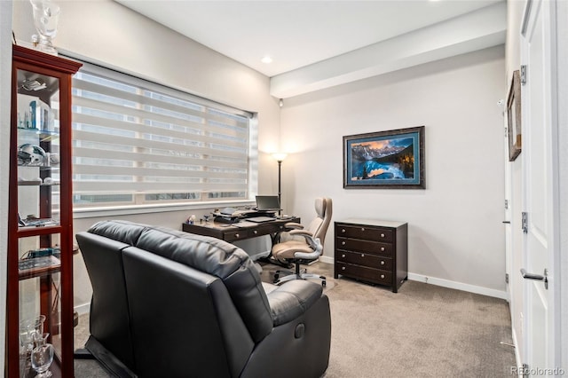 home office with recessed lighting, baseboards, and light colored carpet