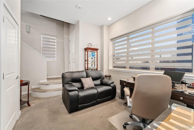 carpeted home office with recessed lighting and baseboards