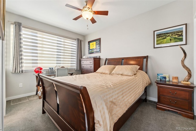 bedroom featuring carpet, baseboards, and a ceiling fan