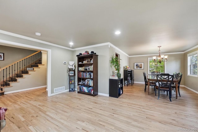 5755 S Fulton Way, Greenwood Village, CO 80111 - dining space featuring wood finished floors, stairway, a chandelier, ornamental molding, and recessed lighting