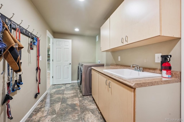5755 S Fulton Way, Greenwood Village, CO 80111 - laundry room with cabinet space, washer and dryer, stone finish flooring, and recessed lighting