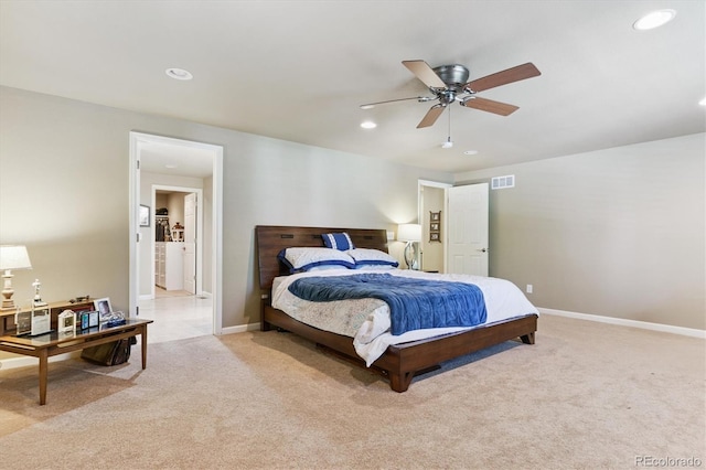 5755 S Fulton Way, Greenwood Village, CO 80111 - bedroom with light colored carpet, recessed lighting, and a ceiling fan