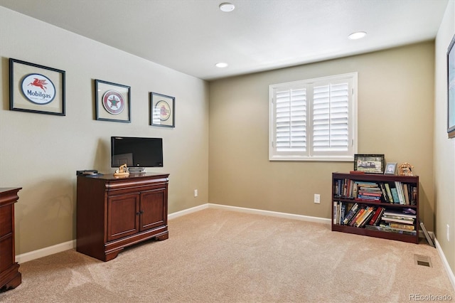 5755 S Fulton Way, Greenwood Village, CO 80111 - living area featuring light colored carpet and recessed lighting