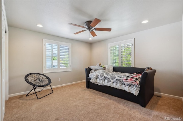 5755 S Fulton Way, Greenwood Village, CO 80111 - bedroom with carpet flooring, recessed lighting, and a ceiling fan