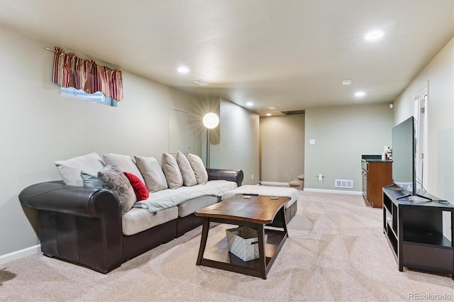 5755 S Fulton Way, Greenwood Village, CO 80111 - living room featuring recessed lighting and light colored carpet