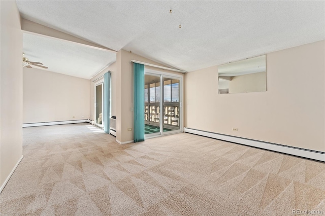 unfurnished room with a textured ceiling, light carpet, lofted ceiling, and a baseboard heating unit