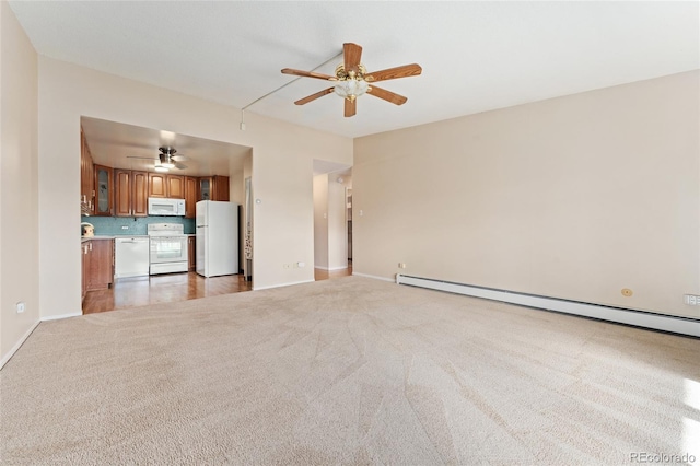 unfurnished living room with ceiling fan, carpet floors, and a baseboard radiator