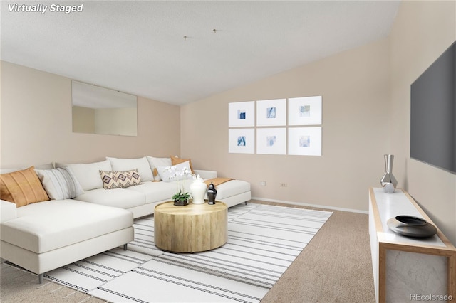 living room with carpet flooring and lofted ceiling