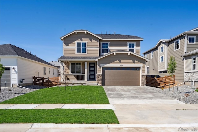 1331 Rock Cliff Ave, Erie, CO 80516 - craftsman-style house featuring driveway, fence, covered porch, a garage, and a front lawn