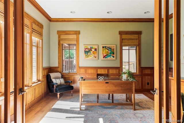 1143 S Saint Paul St, Denver, CO 80210 - office space with wainscoting, wood finished floors, and ornamental molding