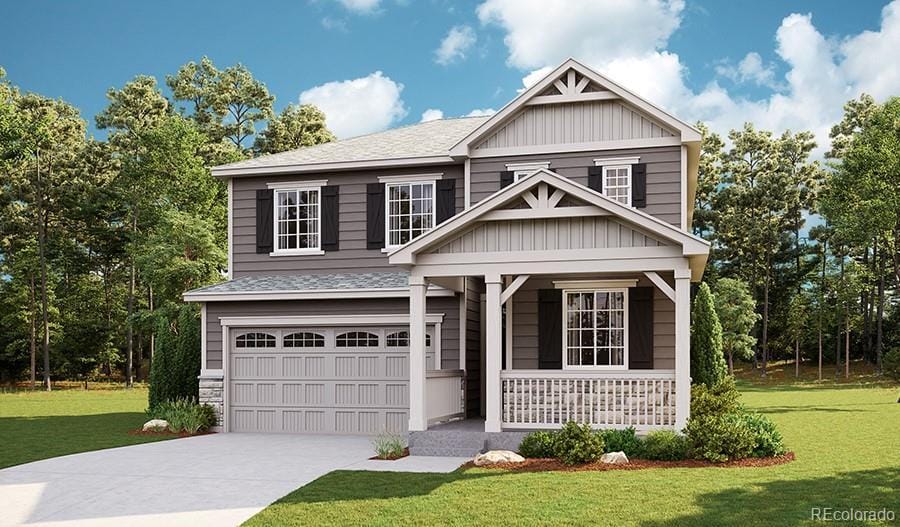 craftsman-style home featuring a garage, covered porch, a front lawn, and concrete driveway