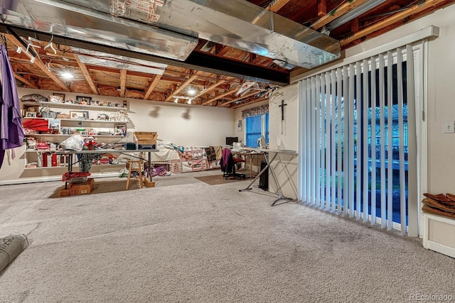 unfinished below grade area featuring carpet