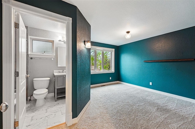 2319 Decatur St, Denver, CO 80211 - bathroom with vanity, a textured wall, marble finish flooring, and a textured ceiling