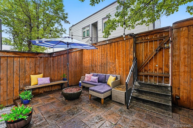 2319 Decatur St, Denver, CO 80211 - fenced backyard featuring a patio area, outdoor lounge area, and a gate