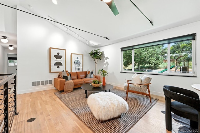 1920 S Niagara St, Denver, CO 80224 - living area featuring rail lighting, light wood-style floors, vaulted ceiling, and plenty of natural light