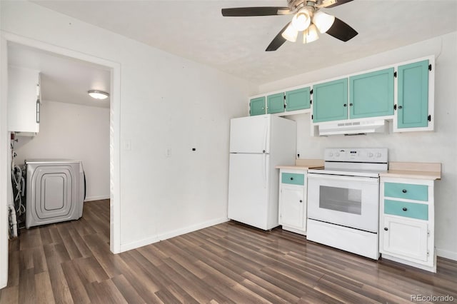 kitchen featuring washing machine and dryer, ceiling fan, dark hardwood / wood-style floors, and white appliances