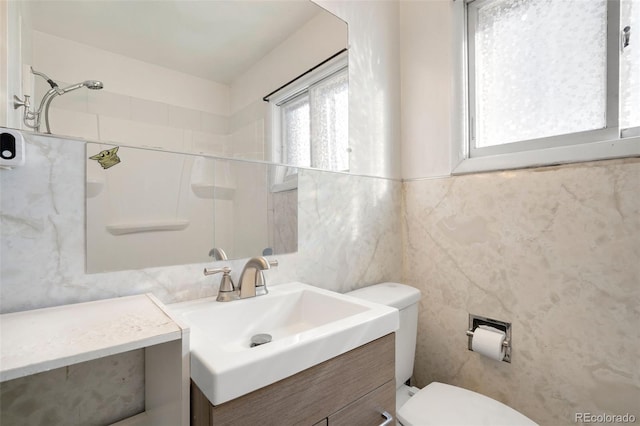 bathroom with vanity, toilet, and a shower