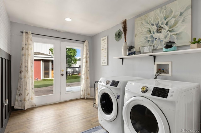 805 5th St, Fort Lupton, CO 80621 - laundry room featuring washing machine and dryer, french doors, light wood finished floors, and recessed lighting