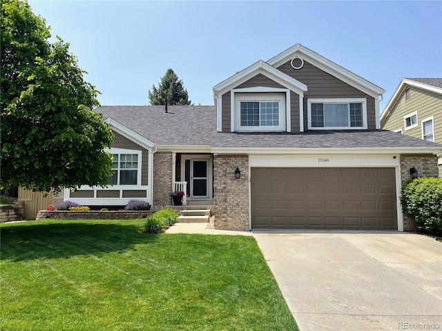 17046 Wellington Dr, Parker, CO 80134 - view of front of home with driveway, a front lawn, brick siding, a garage, and roof with shingles