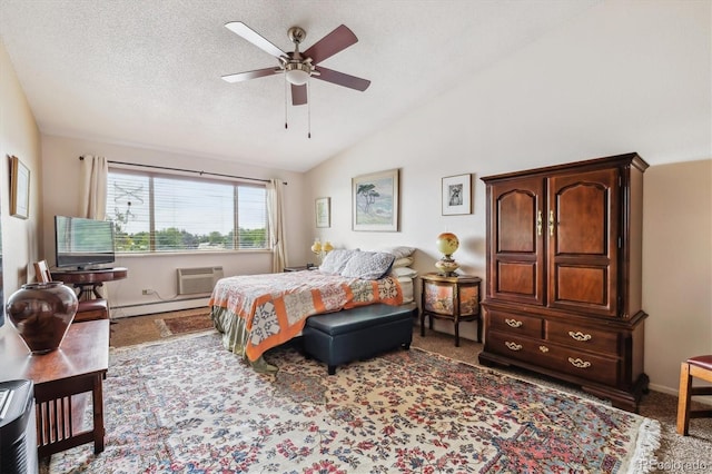 715 S Alton Way Unit 5D, Denver, CO 80247 - bedroom featuring baseboard heating, lofted ceiling, carpet flooring, a wall mounted AC, and a textured ceiling