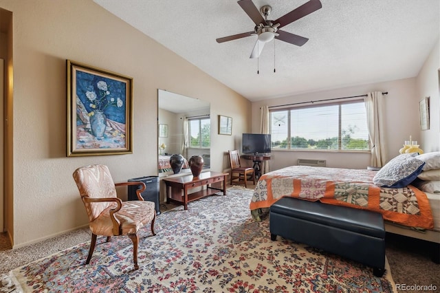 715 S Alton Way Unit 5D, Denver, CO 80247 - carpeted bedroom featuring vaulted ceiling, a textured ceiling, and ceiling fan