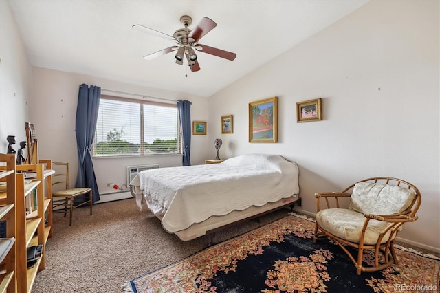 715 S Alton Way Unit 5D, Denver, CO 80247 - carpeted bedroom with vaulted ceiling, an AC wall unit, ceiling fan, and a baseboard radiator