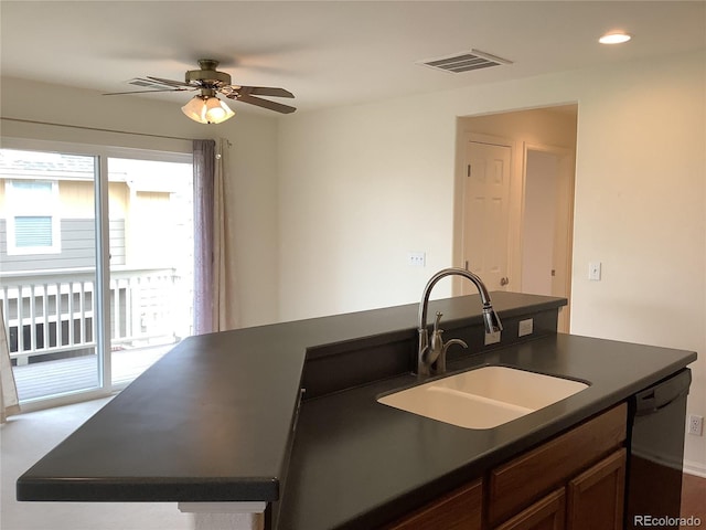 11947 Riverstone Cir Unit 7F, Henderson, CO 80640 - kitchen featuring black dishwasher, dark countertops, a sink, a ceiling fan, and recessed lighting