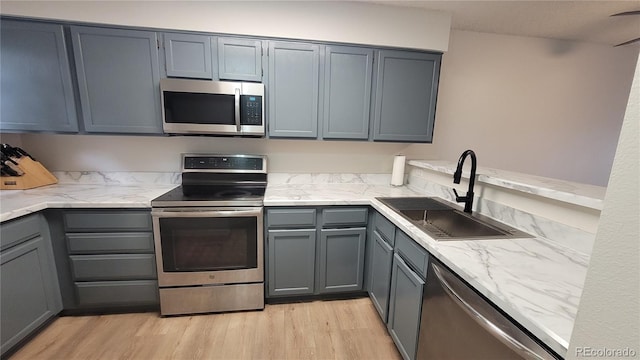 1818 S Quebec Way Unit 5-7, Denver, CO 80231 - kitchen featuring appliances with stainless steel finishes, a sink, gray cabinetry, and light wood-type flooring