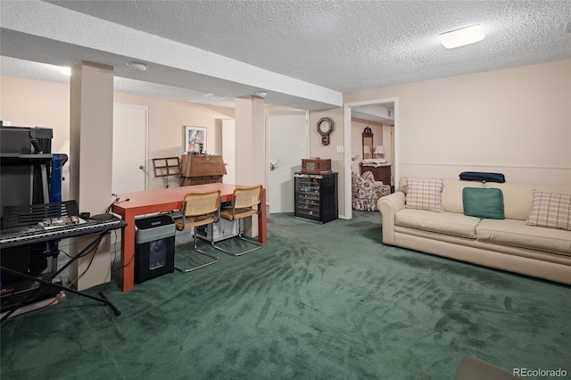 living area with carpet floors and a textured ceiling