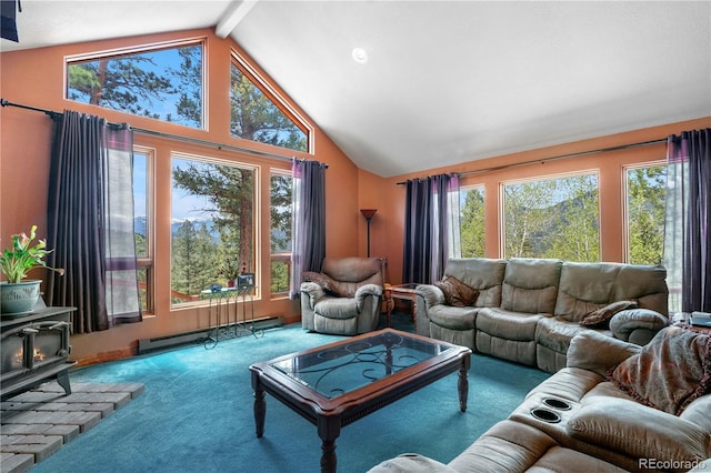 4618 SE Summit Trl, Evergreen, CO 80439 - living room with a baseboard radiator, a wood stove, carpet flooring, high vaulted ceiling, and beamed ceiling