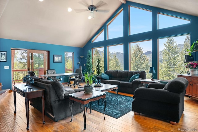 4618 SE Summit Trl, Evergreen, CO 80439 - living area with ceiling fan, high vaulted ceiling, light wood-style flooring, and recessed lighting