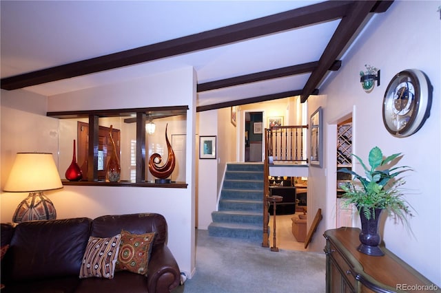 2141 S Dallas St, Denver, CO 80231 - living area with beamed ceiling, stairway, and carpet flooring