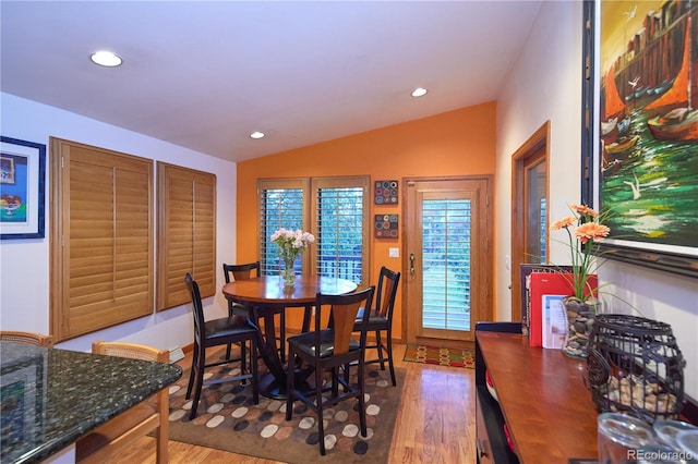 2141 S Dallas St, Denver, CO 80231 - dining room featuring wood finished floors, lofted ceiling, and recessed lighting