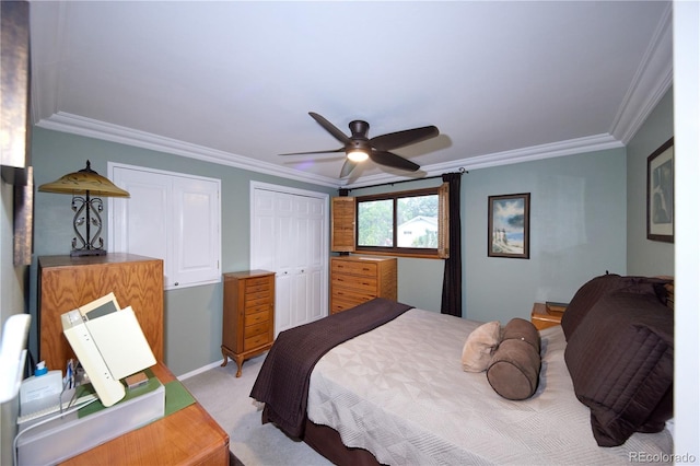 2141 S Dallas St, Denver, CO 80231 - bedroom with ornamental molding, light carpet, and a ceiling fan