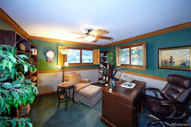 2141 S Dallas St, Denver, CO 80231 - home office featuring wainscoting, ceiling fan, crown molding, and carpet flooring