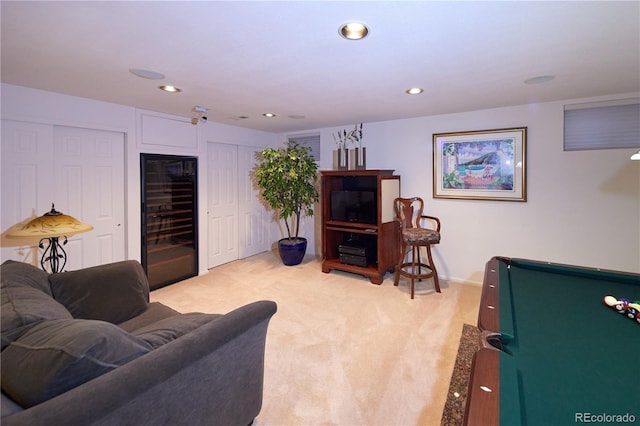 2141 S Dallas St, Denver, CO 80231 - living room featuring wine cooler, light colored carpet, recessed lighting, and billiards table