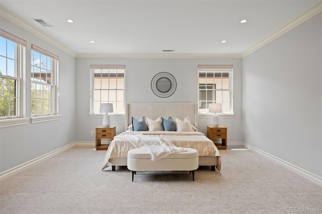 bedroom featuring crown molding, baseboards, carpet floors, and recessed lighting
