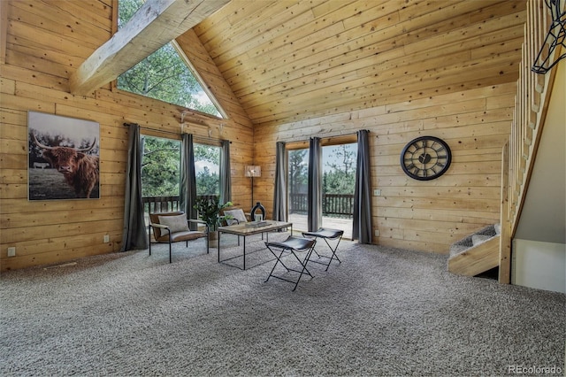 unfurnished room featuring wooden walls, carpet, and a healthy amount of sunlight